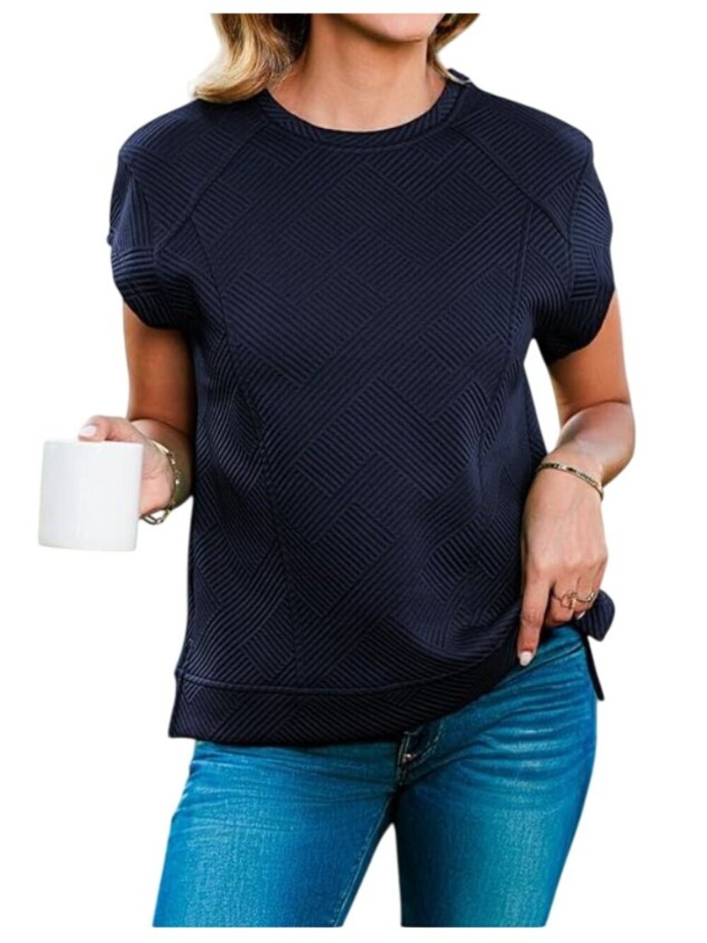 Short Sleeve Textured Top Womens Large Black New WOT Summer Casual